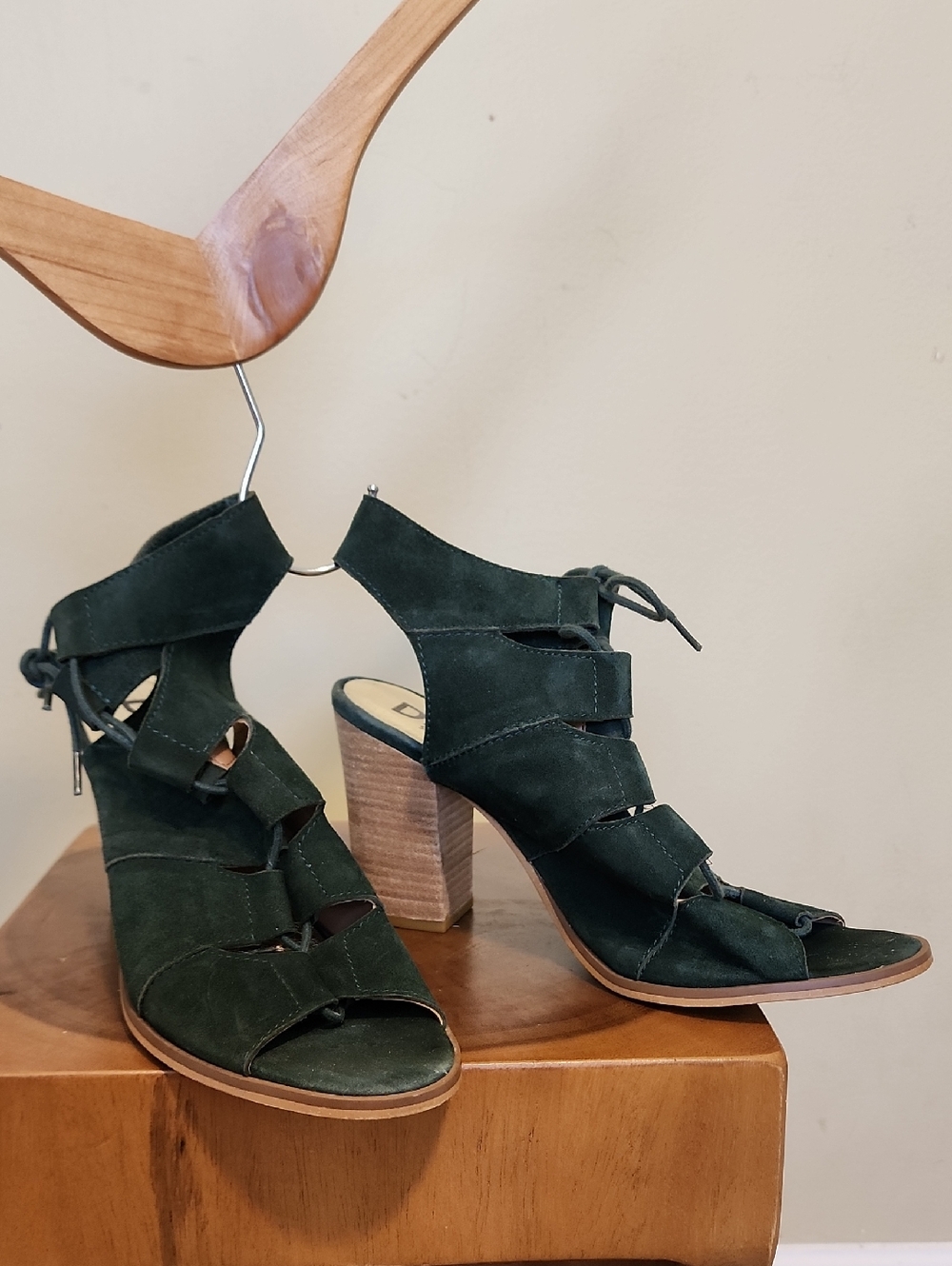 Diba Dark Green Suede Lace-Up Block Heel Sandals